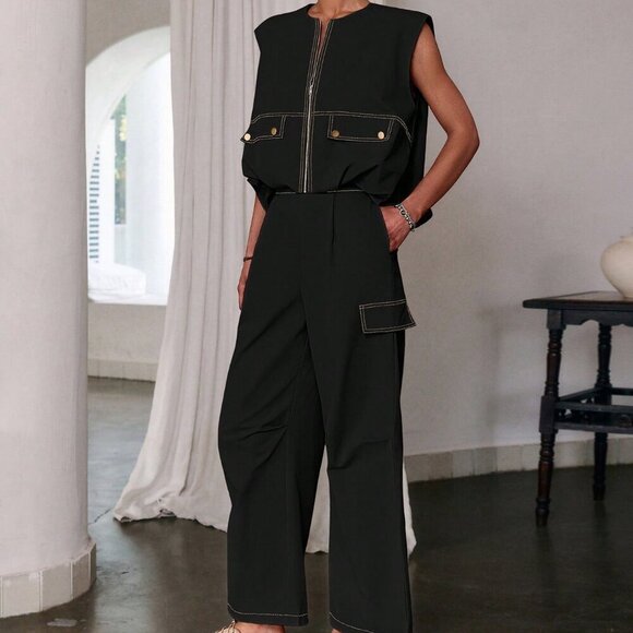 Black Casual Women's Zipper Sleeveless Top &  Long Pants coord set - Picture 7 of 8